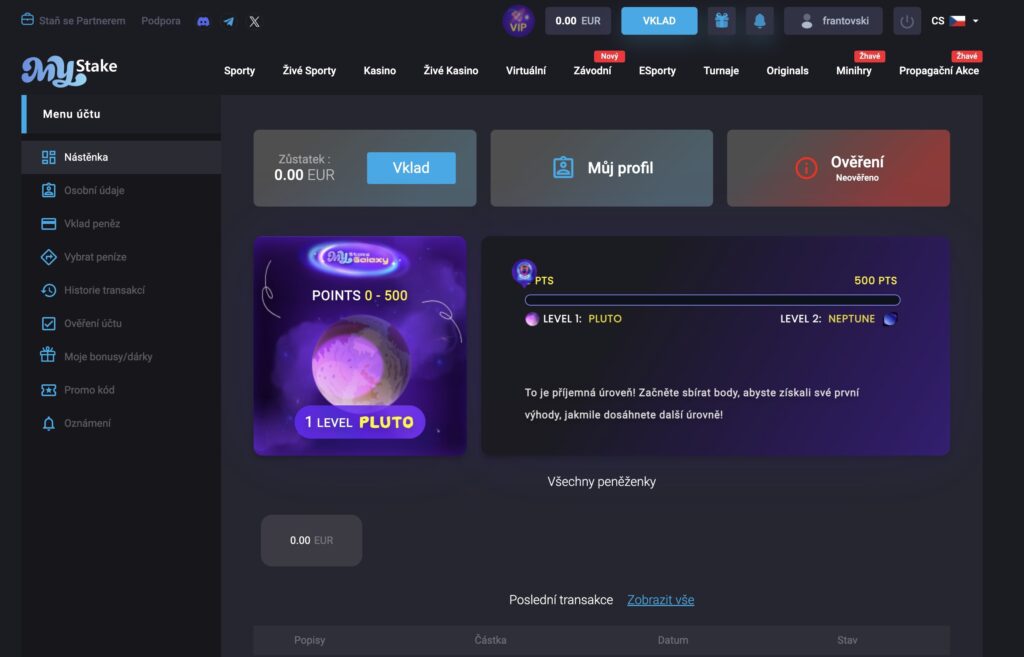 Herní hráčský profil MyStake casino