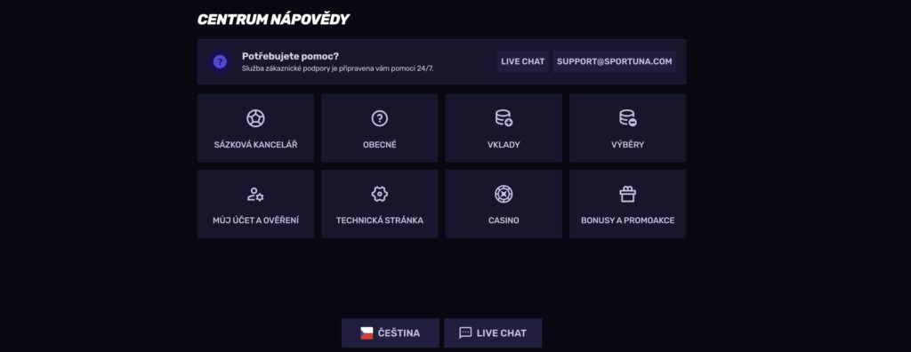 Centrum nápovědy Sportuna casino