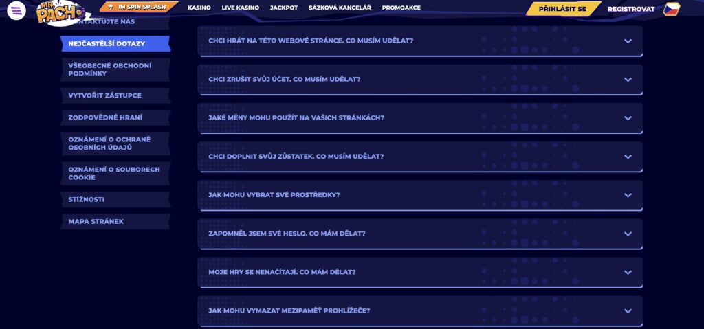 FAQ MrPacho casino zákaznická podpora