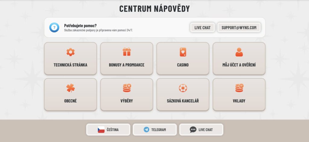Centrum nápovědy, zákaznická podpora Wyns casino