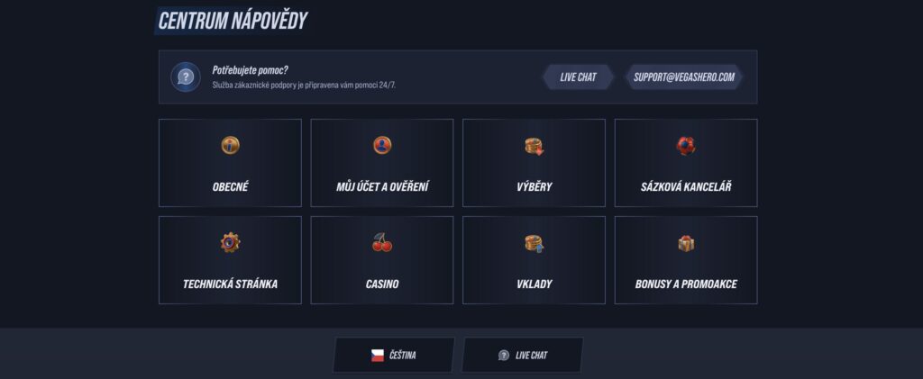 VegasHero zákaznická podpora Centrum nápovědy